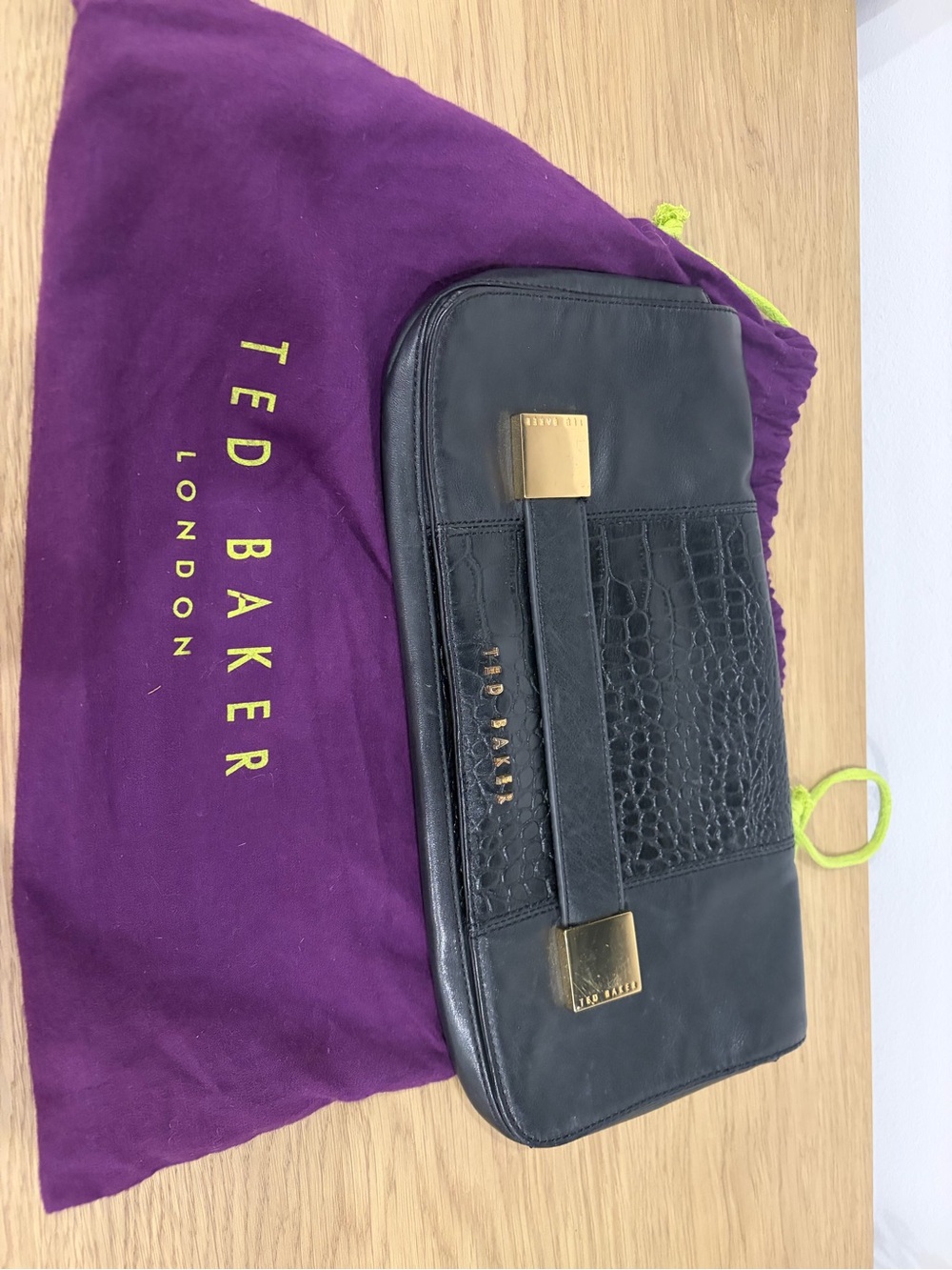 Ted Baker Black Leather Croc-Panel Clutch with Gold Hardware